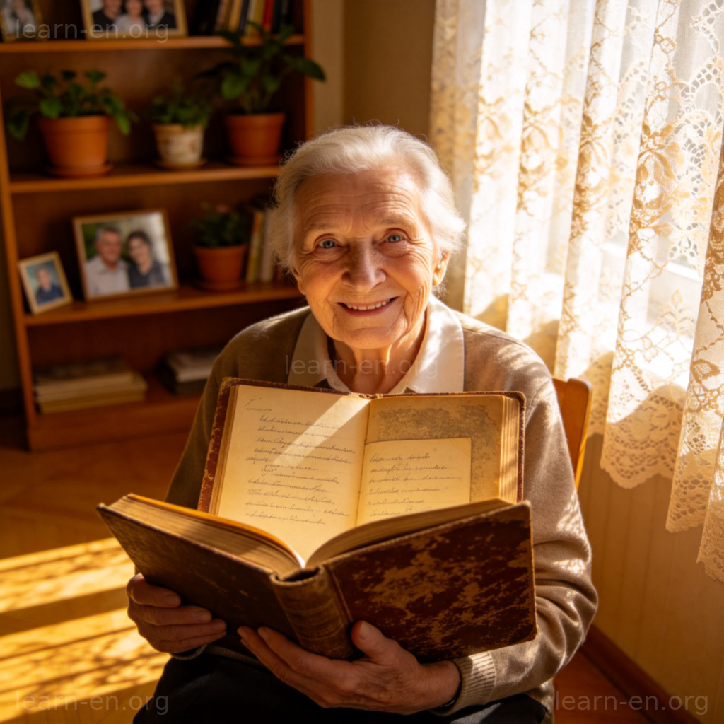Fond of 含义图解：长辈在阳光下微笑把玩心爱旧物的温馨场景