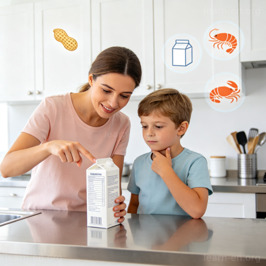 Food allergy education: mother pointing to ingredients