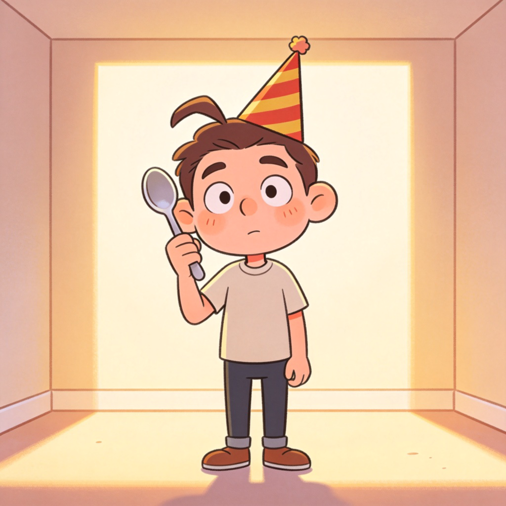 A person looking confused and silly, wearing a pointed party hat crookedly, holding a spoon up to their ear as if it were a phone. They are standing in a plain, well-lit room with a simple background. The expression is comically naive, not mean-spirited. No text.