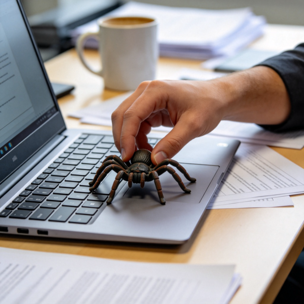 A close-up shot of a person's hand placing a fake, rubber spider on top of a coworker's laptop keyboard in a modern office. The coworker is not in frame, only their desk. The lighting is clear, focusing on the action of the prank. The mood is playful, not scary. No text.