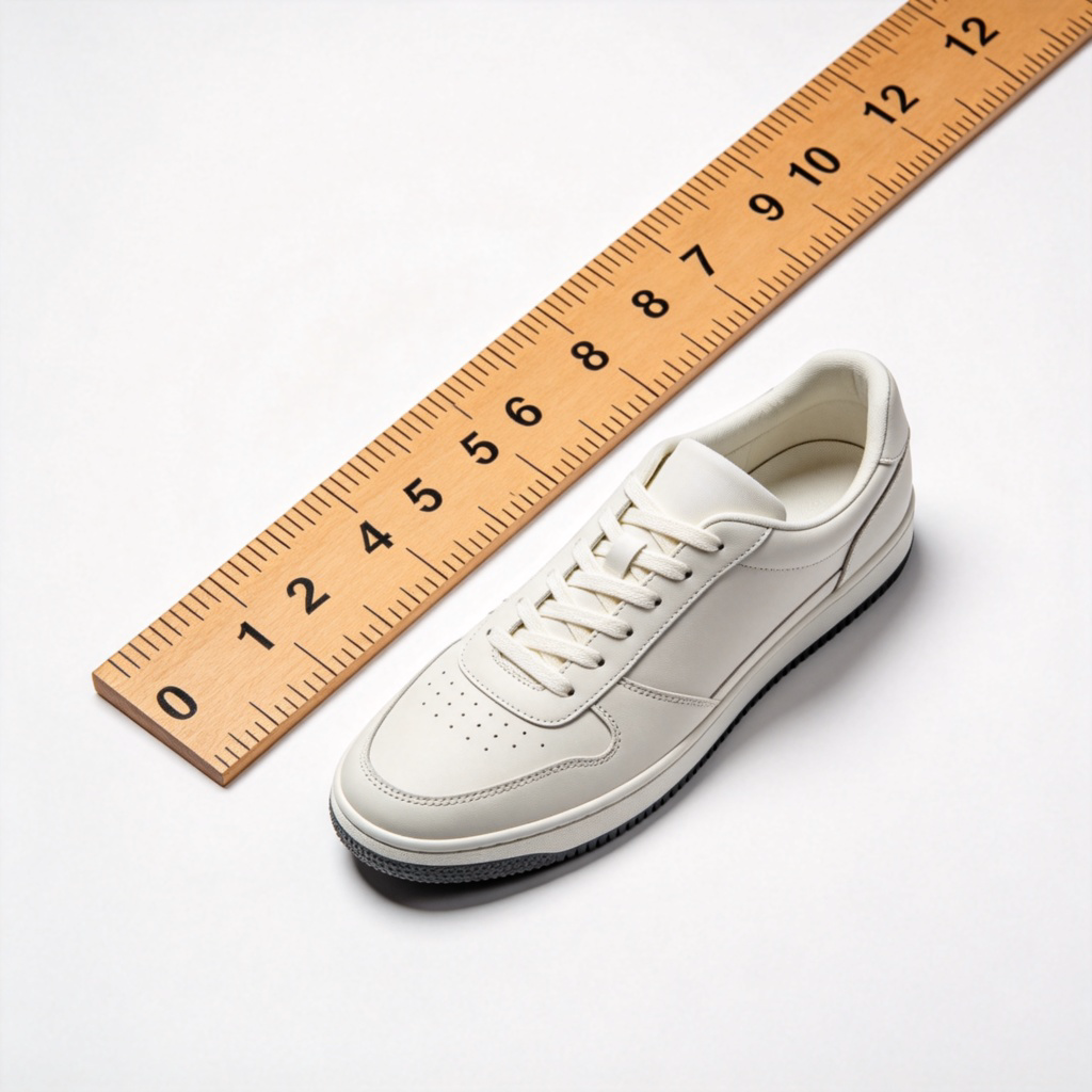 A simple wooden ruler showing the measurement from 0 to 12 inches clearly marked. Next to the ruler, place a common sneaker, visually comparing its length (about 1 foot). Clean white background, overhead shot, sharp focus on the ruler markings. No text.