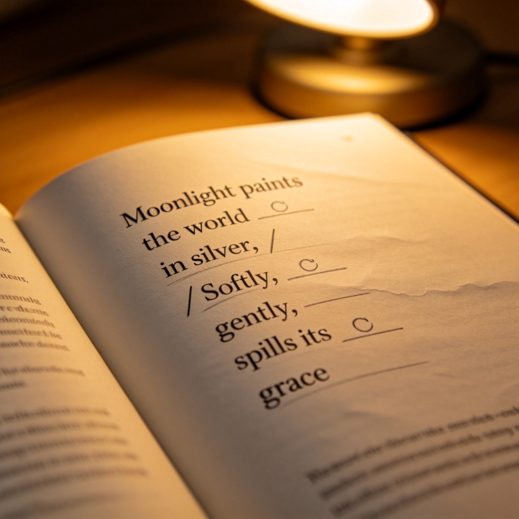 A page from an open poetry book, with a short English poem printed clearly. Under the first line, there are simple symbols (like / and ˘) drawn in pencil above the syllables, visually grouping them into rhythmic units (feet). Soft desk lamp lighting, focus on the annotated text. No text in the image other than the printed poem.
