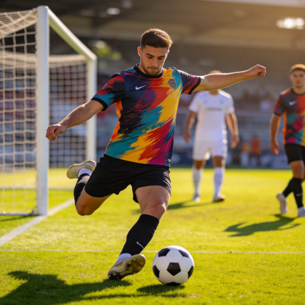 A dynamic scene from a professional football match. A player in a colorful jersey is about to kick a black and white ball on a bright green grass field. In the background, you can see other players and part of a goal net. The focus is on the player, the ball, and the goal. Sunny day, realistic style. No text.