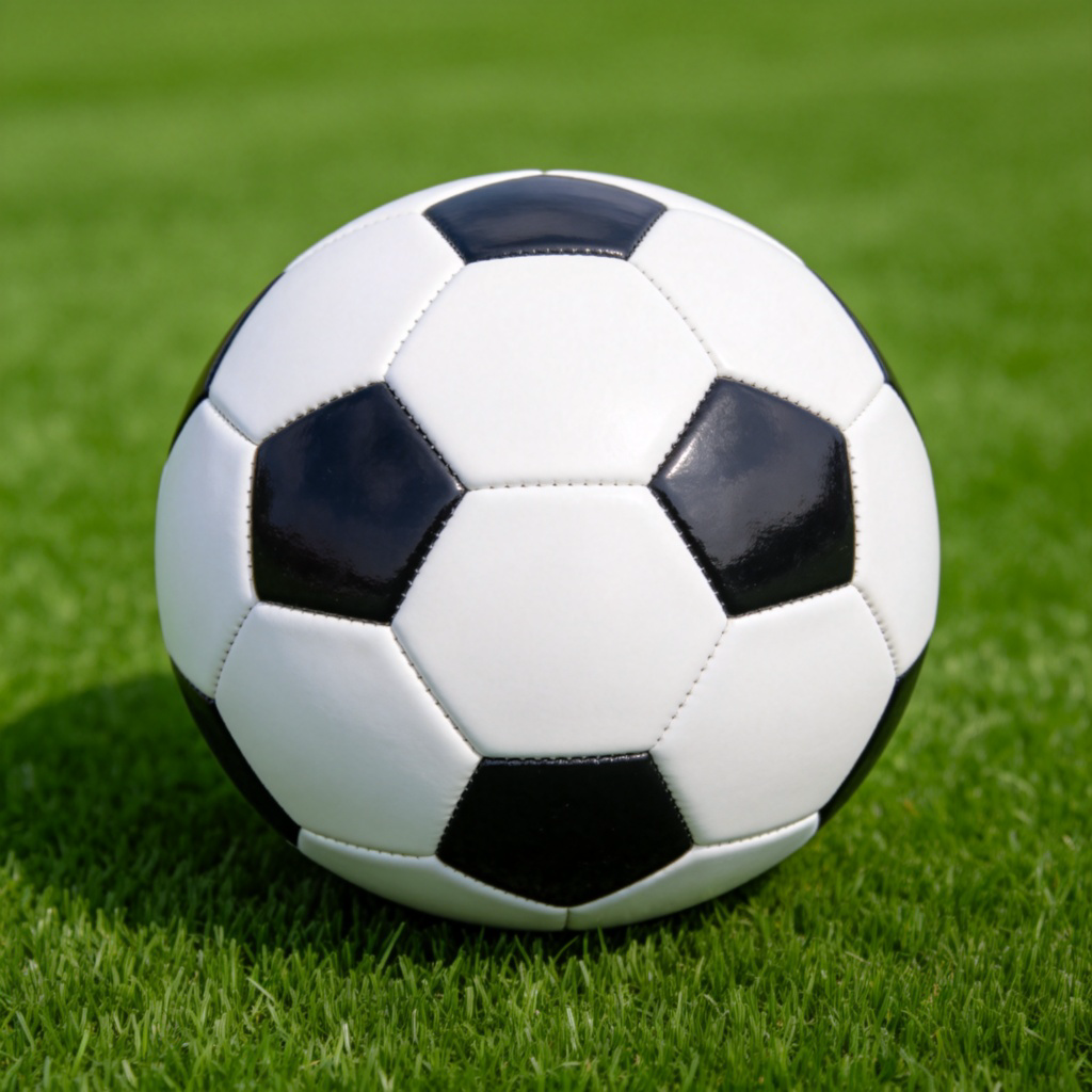 A close-up, studio shot of a single, clean, new football resting on a plain green background, symbolizing grass. The ball is perfectly round, with its classic black and white pentagon pattern clearly visible. Clean lighting, no people or other objects in the frame. Realistic and simple. No text.