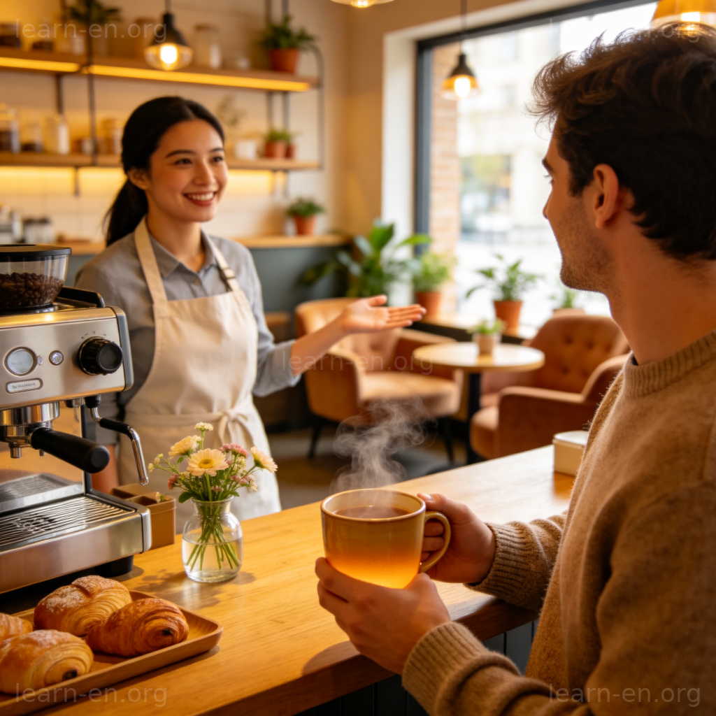 For here 图解：咖啡店员示意堂食区域，顾客手持马克杯