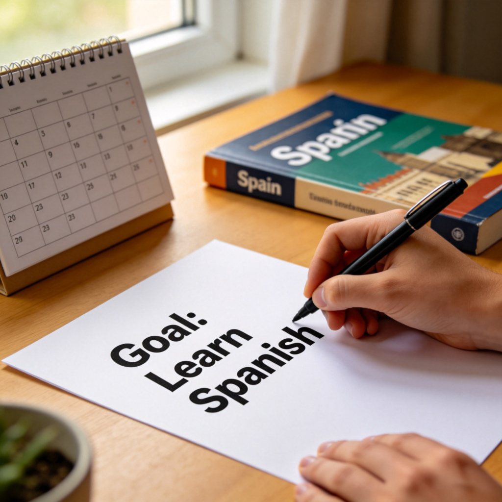 A close-up shot of a person's hand writing a clear, bold "Goal: Learn Spanish" on a clean sheet of paper. A calendar and a Spanish textbook are on the table nearby. The focus is on the written words expressing purpose. Natural light from a window. No text or logos.