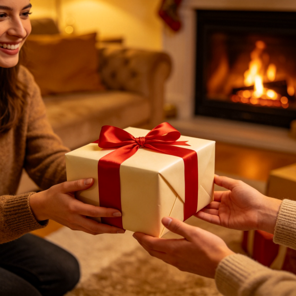 A person is handing a beautifully wrapped present with a ribbon to a smiling friend. The friend's hands are reaching out to receive it. The scene is warm and friendly, shot in a cozy living room. The focus is on the act of giving the gift "for" someone. No text.