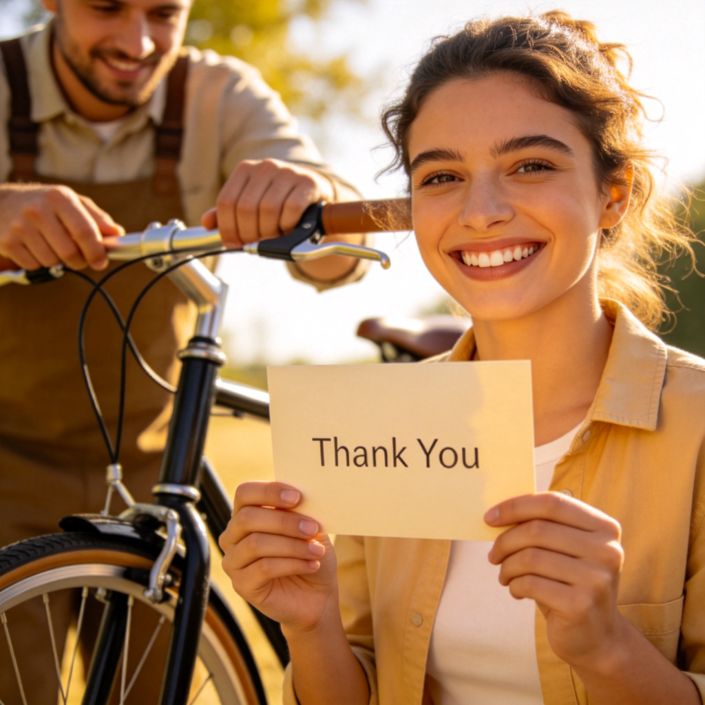 A person is holding a "Thank You" card with a big smile. In the background, another person is helping them fix a bicycle. The image shows gratitude "for" a specific helpful action. The mood is positive and appreciative. Bright, natural lighting. No text on the card visible.
