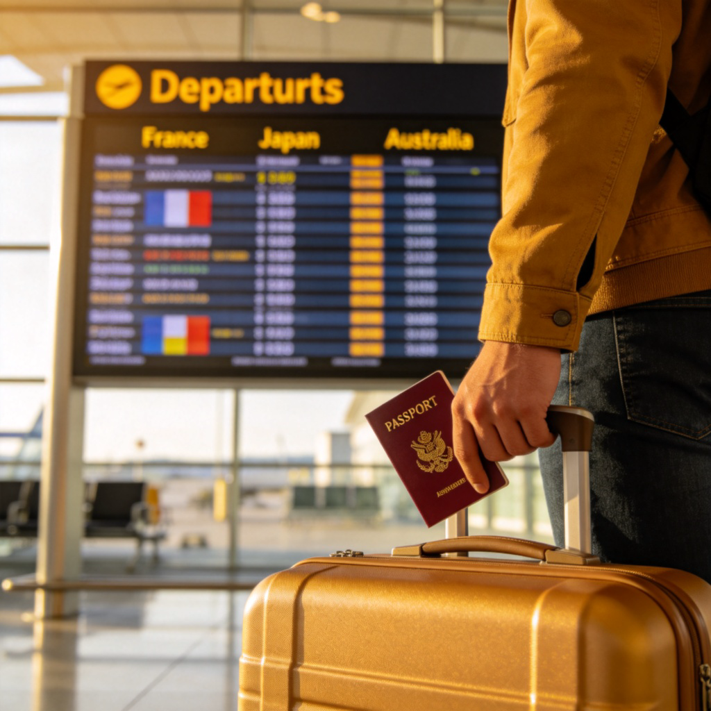 A person standing in front of an airport departure board showing flight information to various countries like France, Japan, and Australia. The person is holding a suitcase and a passport. Bright, natural lighting, focus on the board and the travel items. No text or logos visible.
