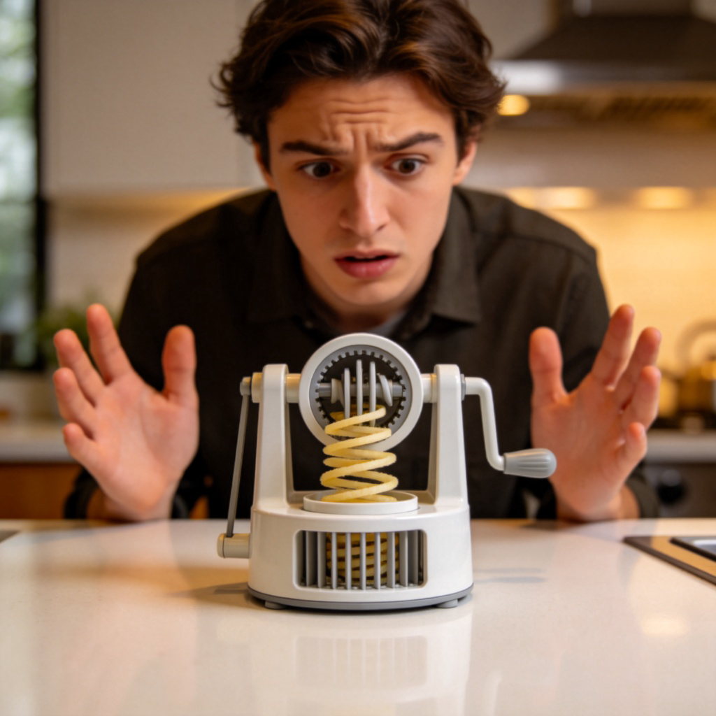 A person in a modern kitchen looking confused at an unfamiliar kitchen gadget, like a spiralizer or a mandoline slicer. The gadget is placed on a clean countertop. The person has a puzzled expression, hands slightly raised. Soft indoor lighting, close-up shot focusing on the gadget and the person's reaction. No text.