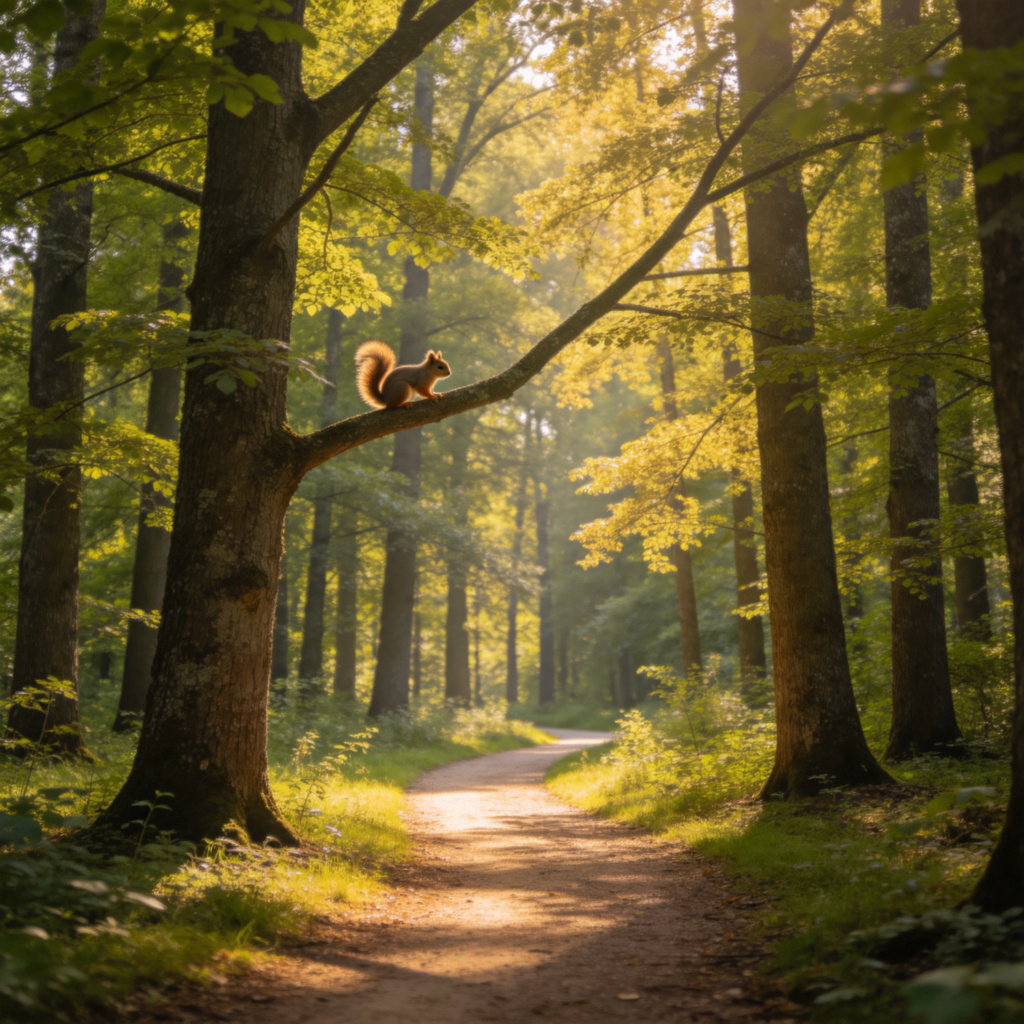 A wide-angle view of a sunlit, temperate forest with tall green trees, a clear path winding through, and dappled sunlight on the ground. Include some small animals like a squirrel on a branch. The scene feels peaceful and natural, emphasizing the vast area covered by trees. Photorealistic style, no text.