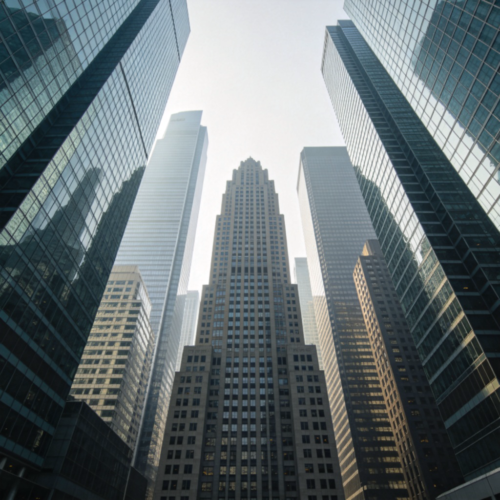 A low-angle shot looking up at a dense cluster of modern glass-and-steel skyscrapers in a city center, their tops disappearing into a slightly hazy sky. The buildings are packed tightly together, creating a feeling of being surrounded by a man-made forest. Architectural photography style, clear lines, no text.