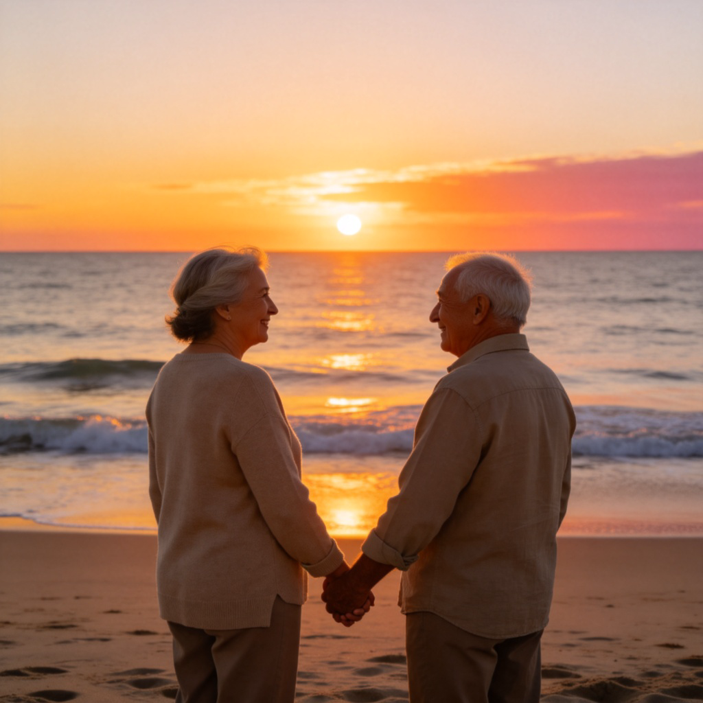 An elderly couple holding hands and watching a beautiful sunset together on a quiet beach. They are smiling, showing deep affection and companionship. The warm golden light of the setting sun illuminates their faces and the calm ocean. The scene conveys a sense of love and commitment that lasts a lifetime and beyond. No text.