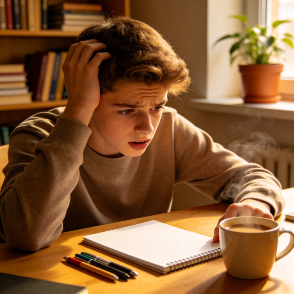 A young person looking confused, scratching their head while staring at a blank piece of notepad on a desk. There are a few pens and a cup of coffee nearby. The person's expression shows they are trying hard to remember something. The background is a cozy study room. No text.