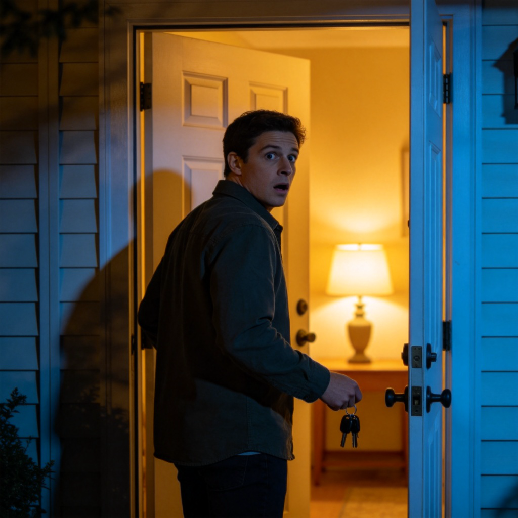 A person standing at their front door, looking back with a surprised expression towards a room inside the house where a lamp is clearly left on. The person is holding their car keys, ready to leave. It's evening, creating a contrast between the bright inside and the darker outside. No text.
