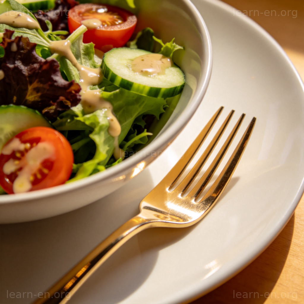 Fork 餐叉图解：白色餐盘上闪亮的金属餐叉