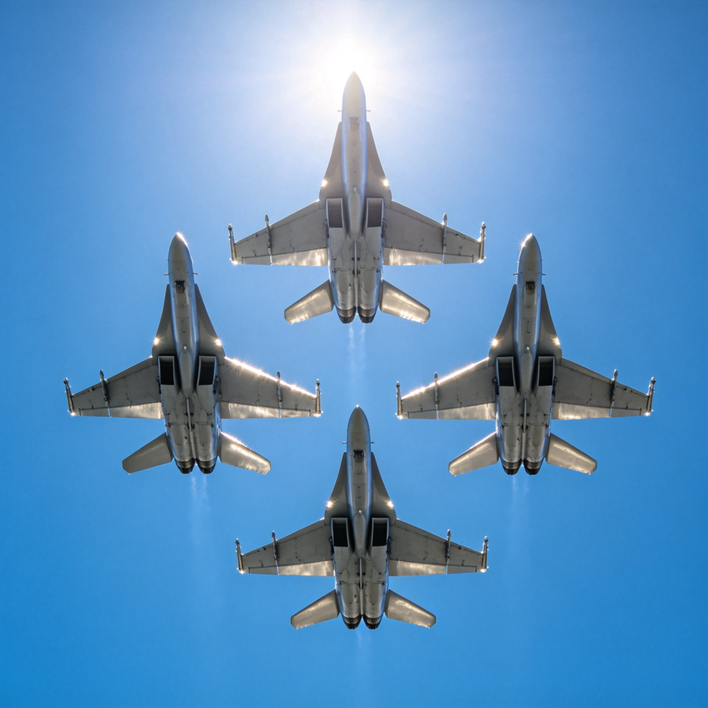 A squadron of four fighter jets flying in a tight diamond formation against a clear blue sky. The jets are silver and the sunlight glints off their wings. View from below, dynamic and powerful. No text.