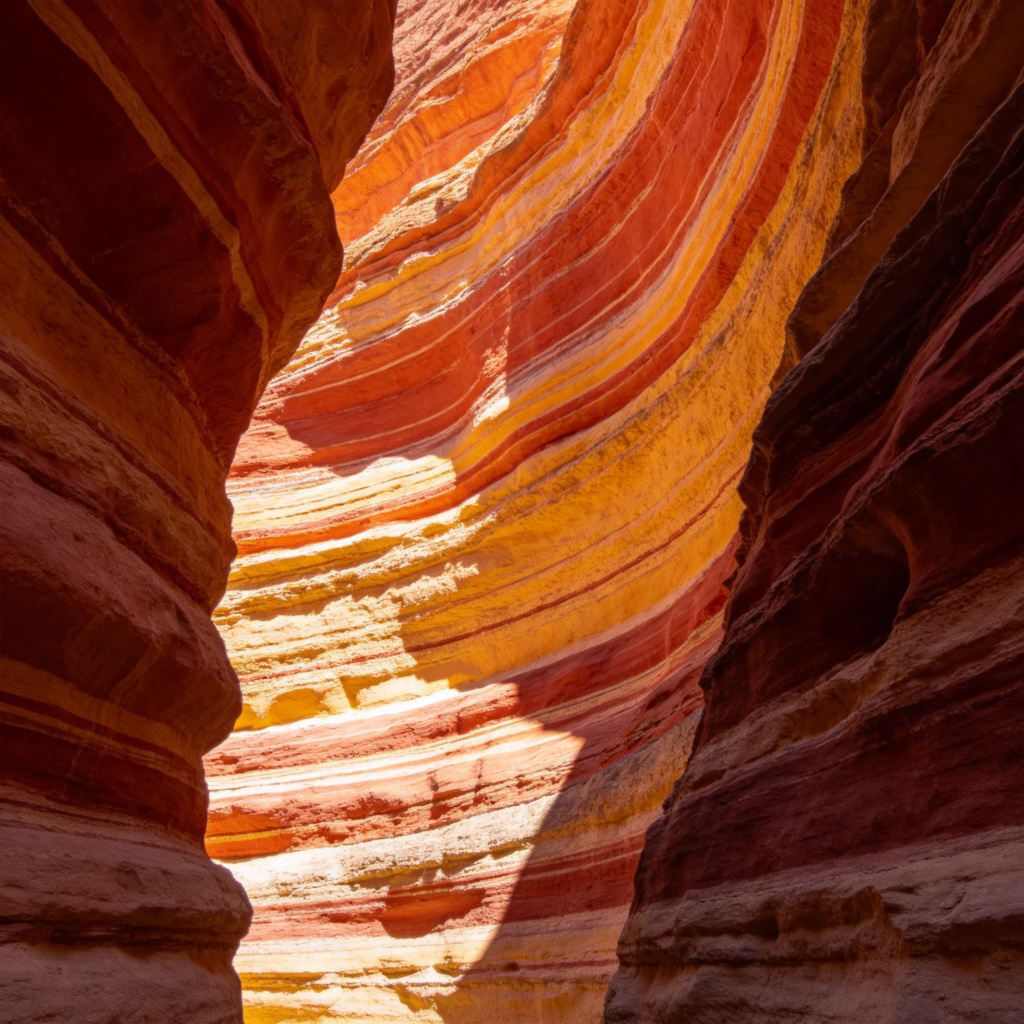 A cross-section view of colorful, layered sedimentary rock formations in a canyon wall, showing distinct stripes of red, orange, and yellow rock. Sunlight illuminates the layers, emphasizing their history. Natural landscape, no text.