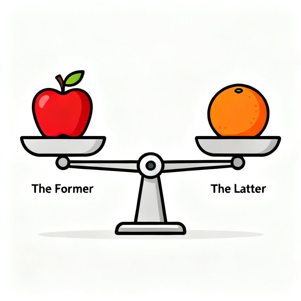 Diagram showing the former (apple) and the latter (orange) on a balance scale.