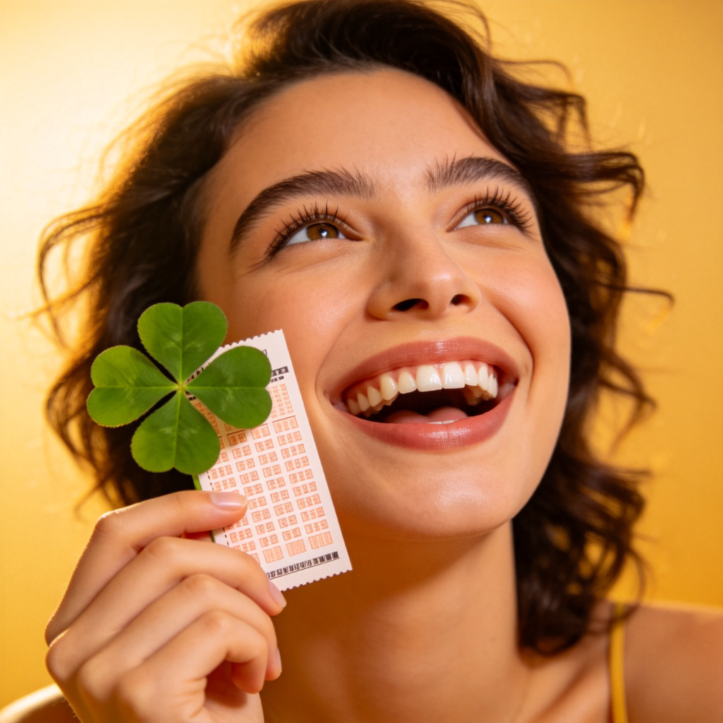 A person smiling broadly while holding a winning lottery ticket or a four-leaf clover in their hand, looking up with joyful surprise. The background is simple and bright. The focus is on their happy expression and the symbol of luck. No text or numbers on the ticket.