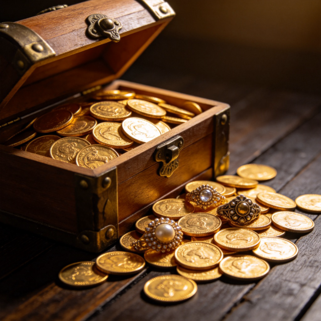 A close-up photo of an old-fashioned wooden treasure chest overflowing with shining gold coins. Some coins are spilling out onto a dark, wooden surface. A few pieces of antique jewelry are nestled among the coins. The lighting is warm and dramatic, highlighting the gleam of the gold. No text or people in the image.
