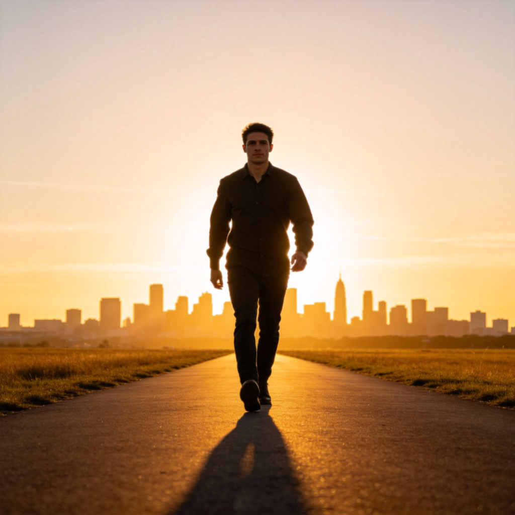 A person walking confidently on a straight, sunlit path, facing directly towards the viewer with a city skyline or bright horizon in the distance behind them. The person's posture shows clear forward motion. The focus is on their determined stride against a simple, clear background.