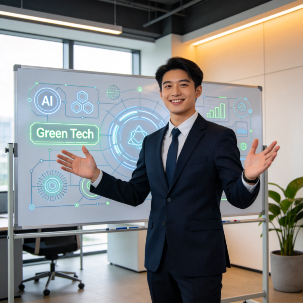 A confident young professional, perhaps a startup founder, standing in front of a whiteboard covered in futuristic-looking diagrams and keywords like 'AI' and 'Green Tech'. They are gesturing enthusiastically, embodying a proactive and advanced mindset. Clean, modern office setting.