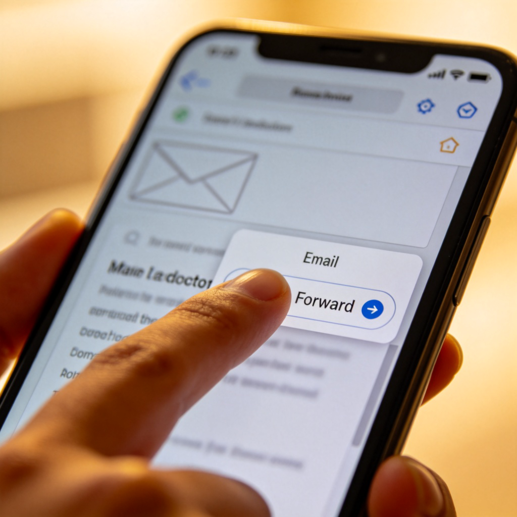 A close-up view of a smartphone screen showing an open email. A finger is tapping clearly on the 'Forward' button in the email app's menu. The email subject line is visible but blurred, focusing attention on the action of forwarding.