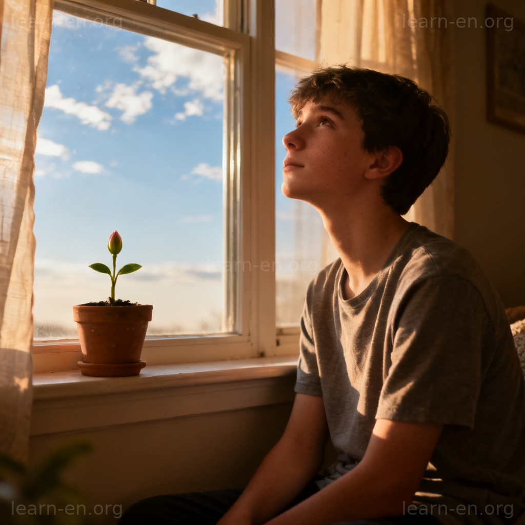 Foster hope illustration: person gazing out a window with a budding plant.