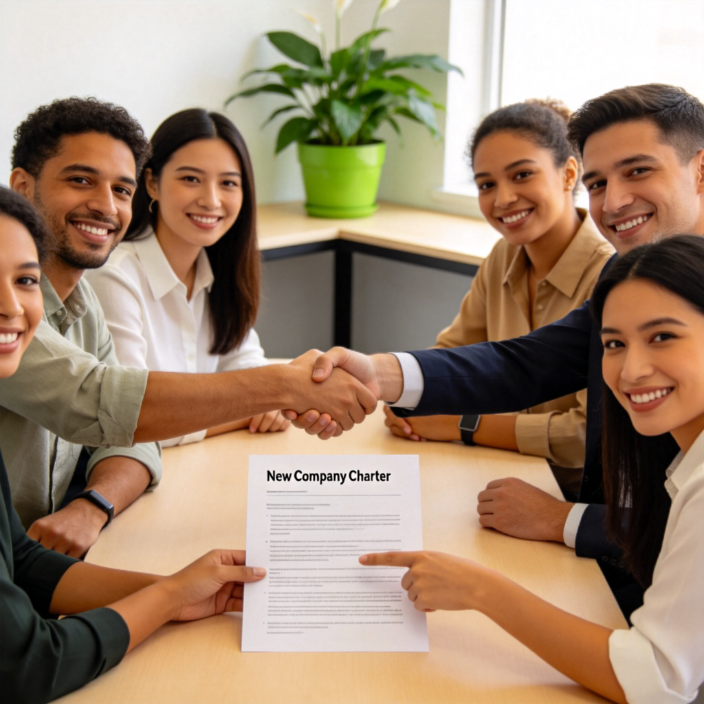 found 建立含义图解：团队握手签署新公司文件场景