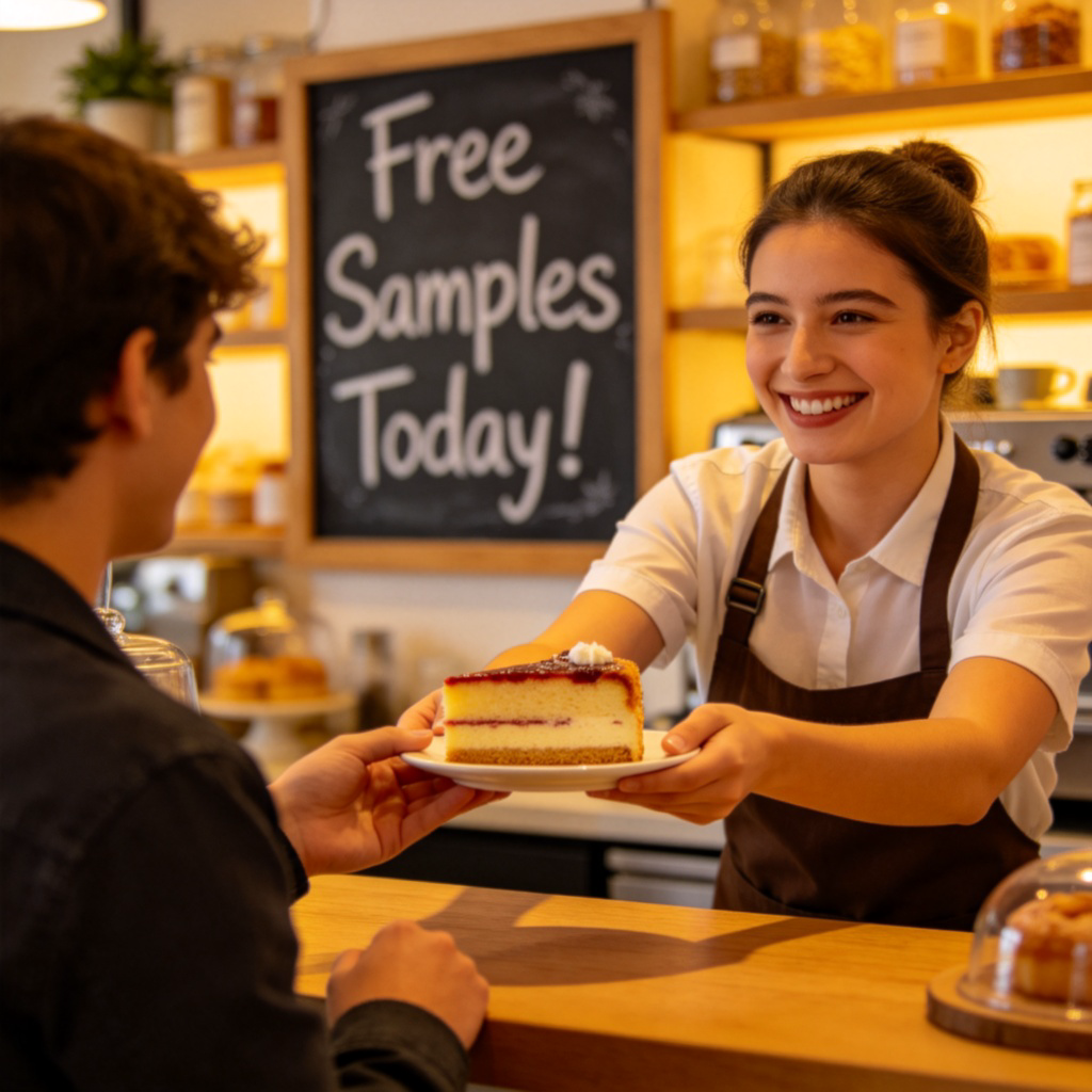 A happy person at a cafe counter, receiving a slice of cake on a small plate from a smiling barista. A chalkboard sign in the background clearly says "Free Samples Today!". Warm lighting, cheerful atmosphere. Focus on the interaction and the offered cake. No text on the cake or plate.