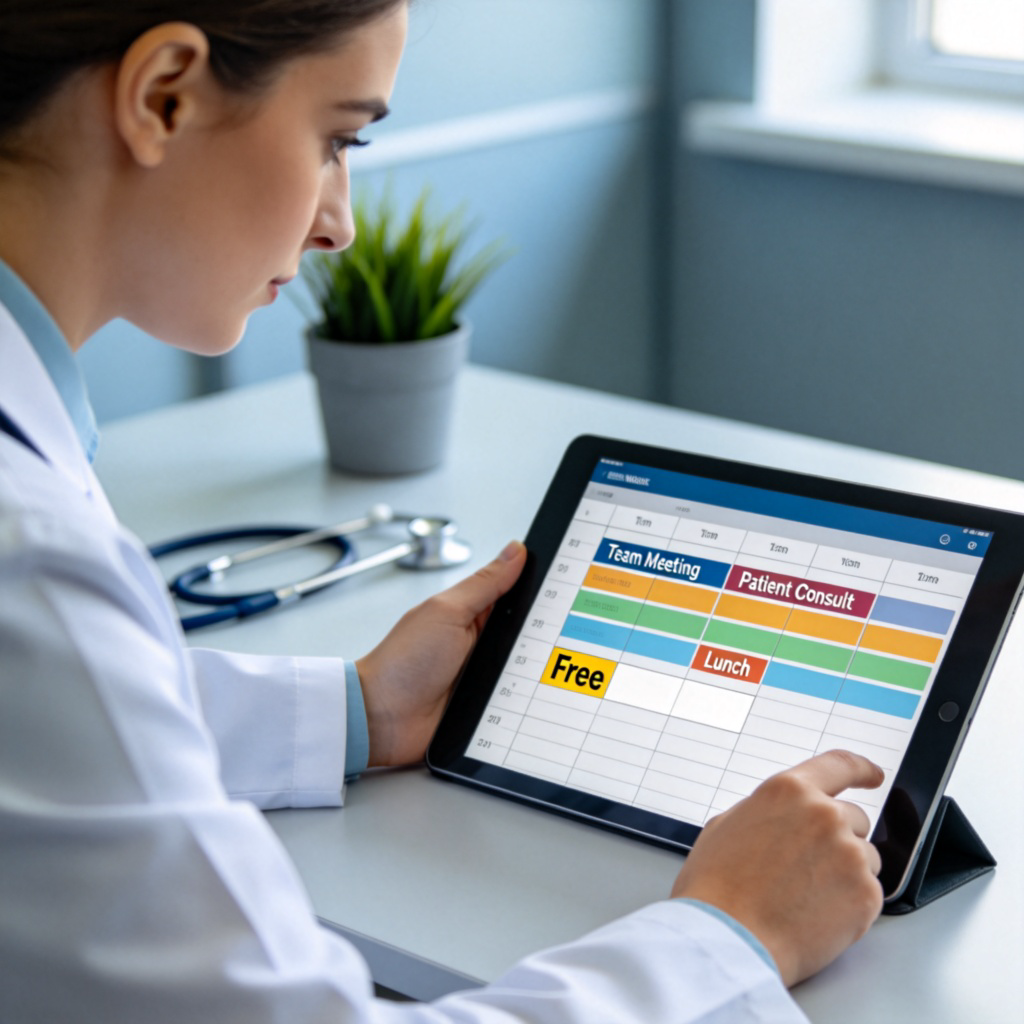 A person, likely a doctor or professional, looking at a digital calendar on a tablet or computer screen. The calendar shows a clear, empty time slot marked "Free" or left blank, while other slots are filled with colored blocks labeled with meetings. Clean, modern office setting. Focus on the screen and the empty slot.