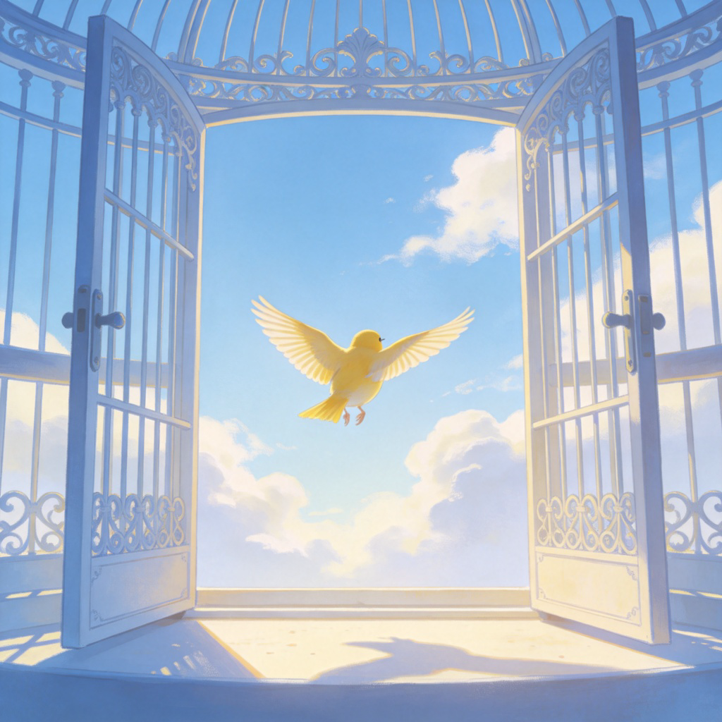 A symbolic image of a small, yellow bird flying out of an open, ornate birdcage against a soft blue sky with fluffy white clouds. The bird is in mid-flight, wings spread, facing away from the cage towards the open sky. The cage door is wide open. Soft, natural morning light. Focus is on the contrast between the confined cage and the vast free sky. No text.