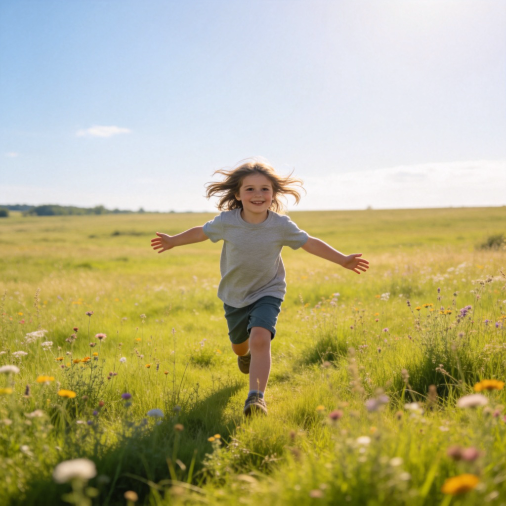 A happy child running with arms outstretched across a vast, sunlit green meadow dotted with wildflowers. The child is wearing casual clothes, hair flowing in the wind, with a big smile. The scene conveys pure joy and unrestricted movement. Long shot showing the wide-open space. Bright, clear daylight. No text.