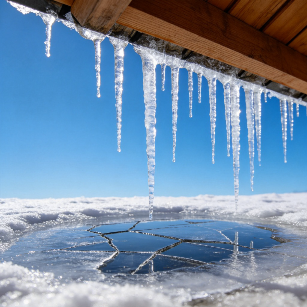 A close-up view of icicles hanging from a wooden roof edge against a clear blue winter sky. Below, a puddle has frozen solid with visible cracks in the ice. The scene is bright, sharp, and realistic, focusing on the transformation from water to solid ice. No people or text.