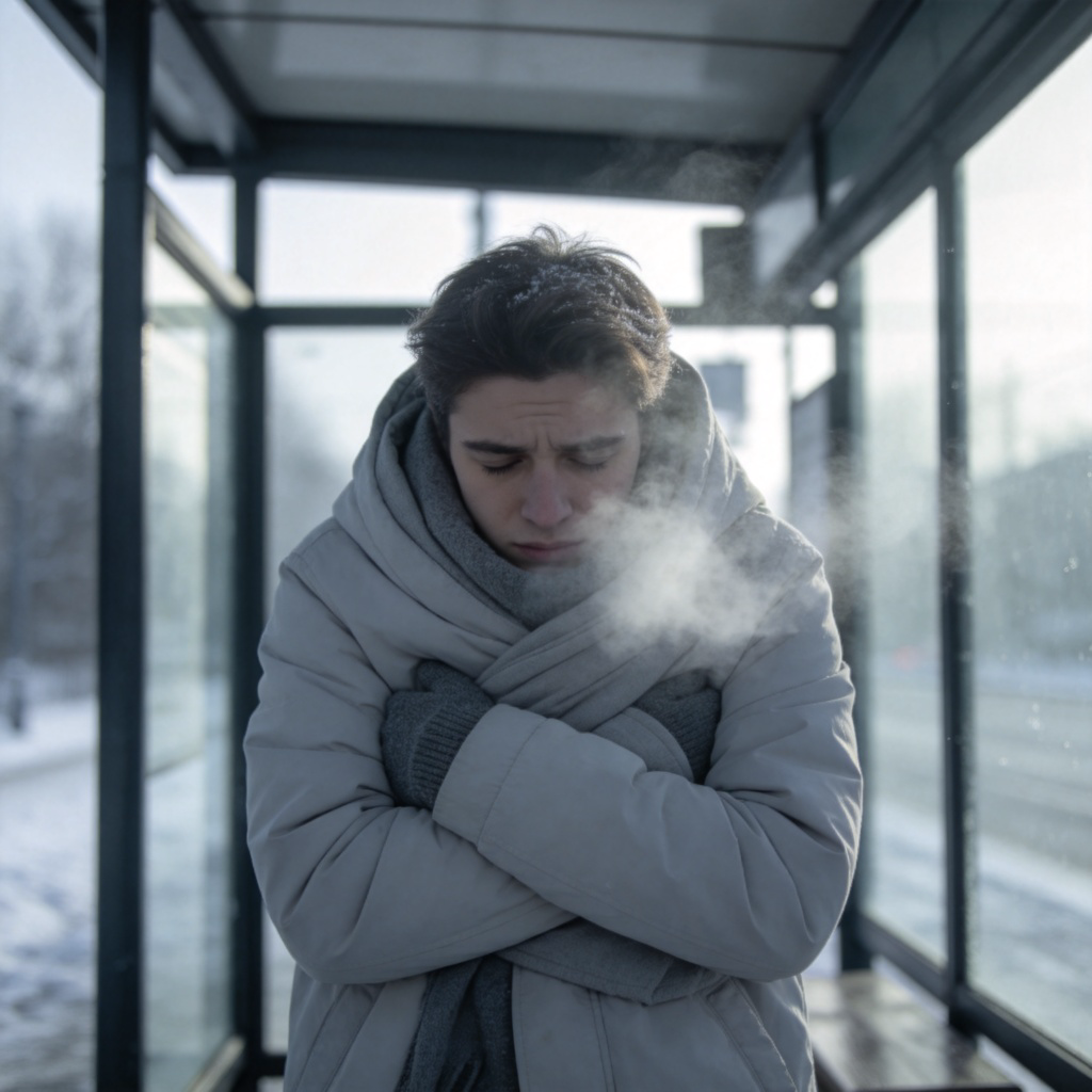 A person standing at a bus stop on a cold, grey morning. They are hunched over, arms tightly wrapped around themselves for warmth, wearing a light jacket. Their breath is visible in the cold air. The focus is on their expression and posture showing extreme discomfort from the cold. No text.