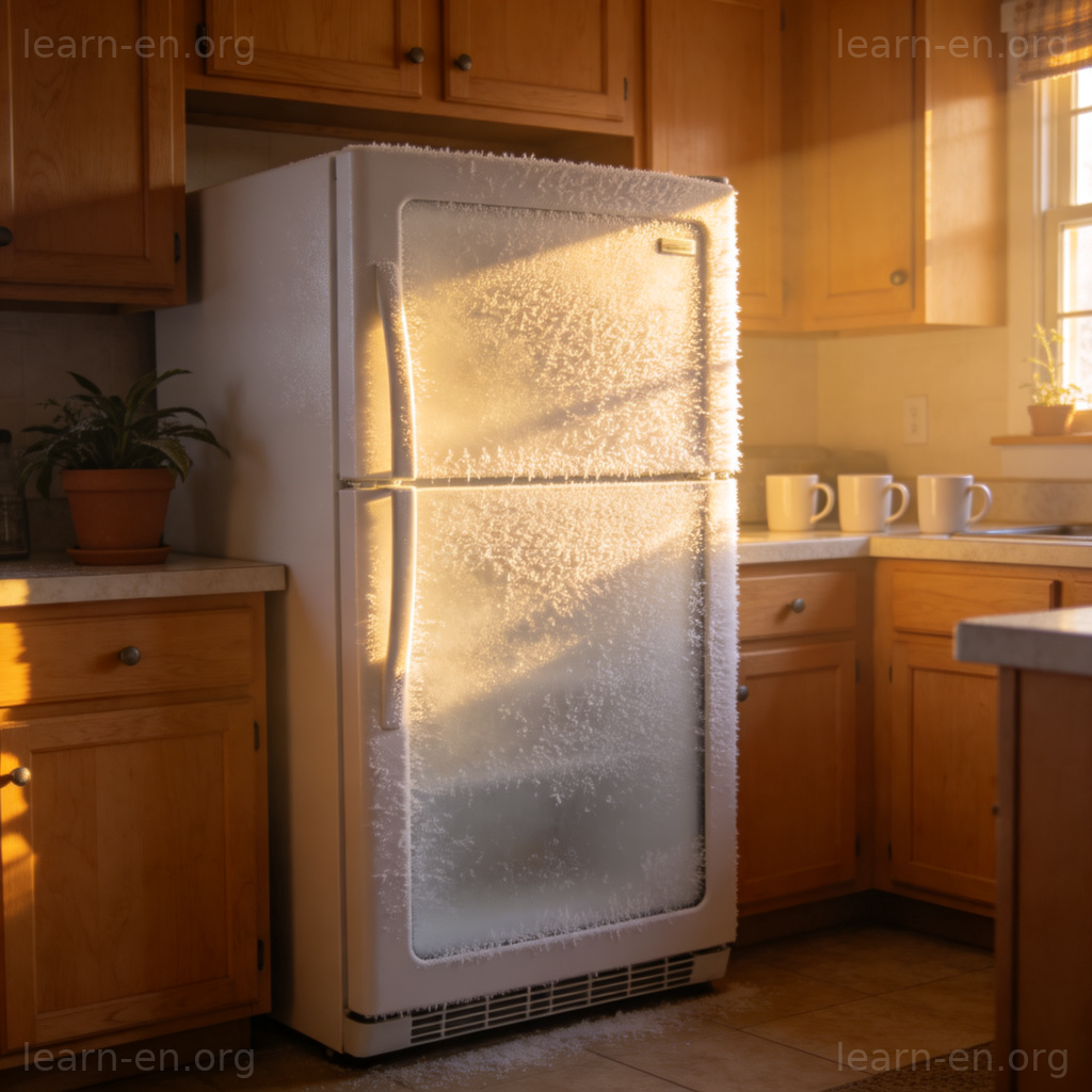 White freezer with frosty door in cozy kitchen