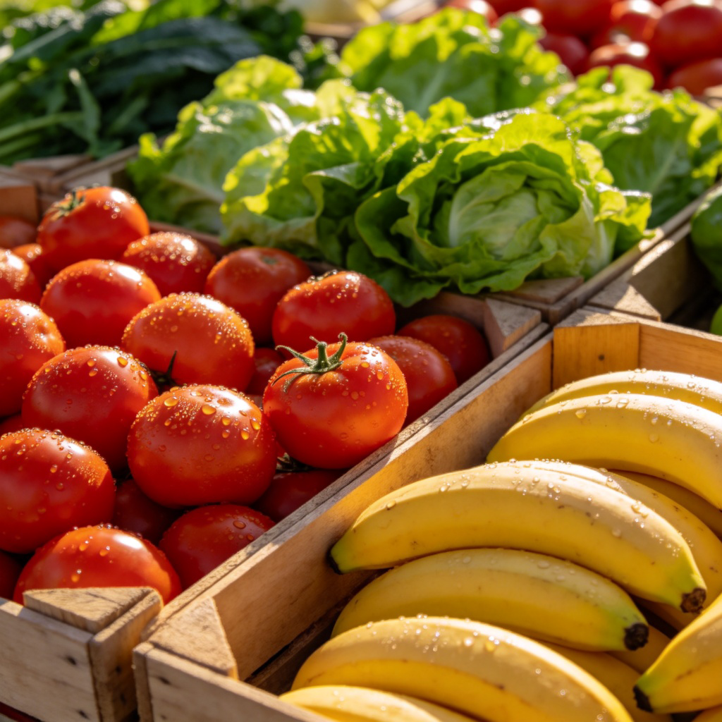 A vibrant display of just-picked vegetables and fruits, such as red tomatoes, green lettuce, and yellow bananas, neatly arranged in wooden crates at an outdoor farmers' market. The vegetables have dewdrops on them, indicating they are new. Warm morning sunlight, focus on the textures and colors. No text.