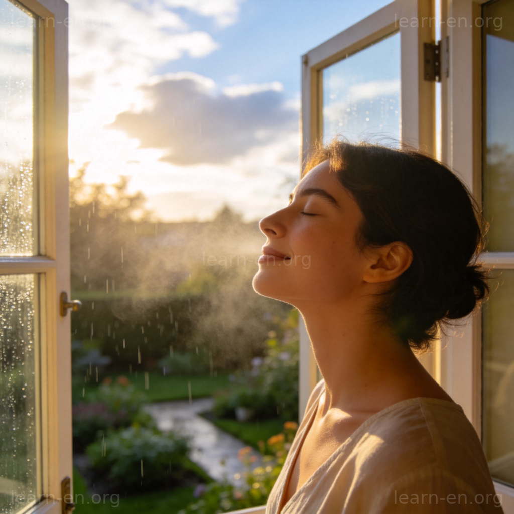 A person opening a window in the morning, breathing in deeply with eyes closed. The view outside shows a clean garden after rainfall, with sunlight breaking through clouds. The focus is on the person's relaxed expression and the clean air. Soft lighting, no text.