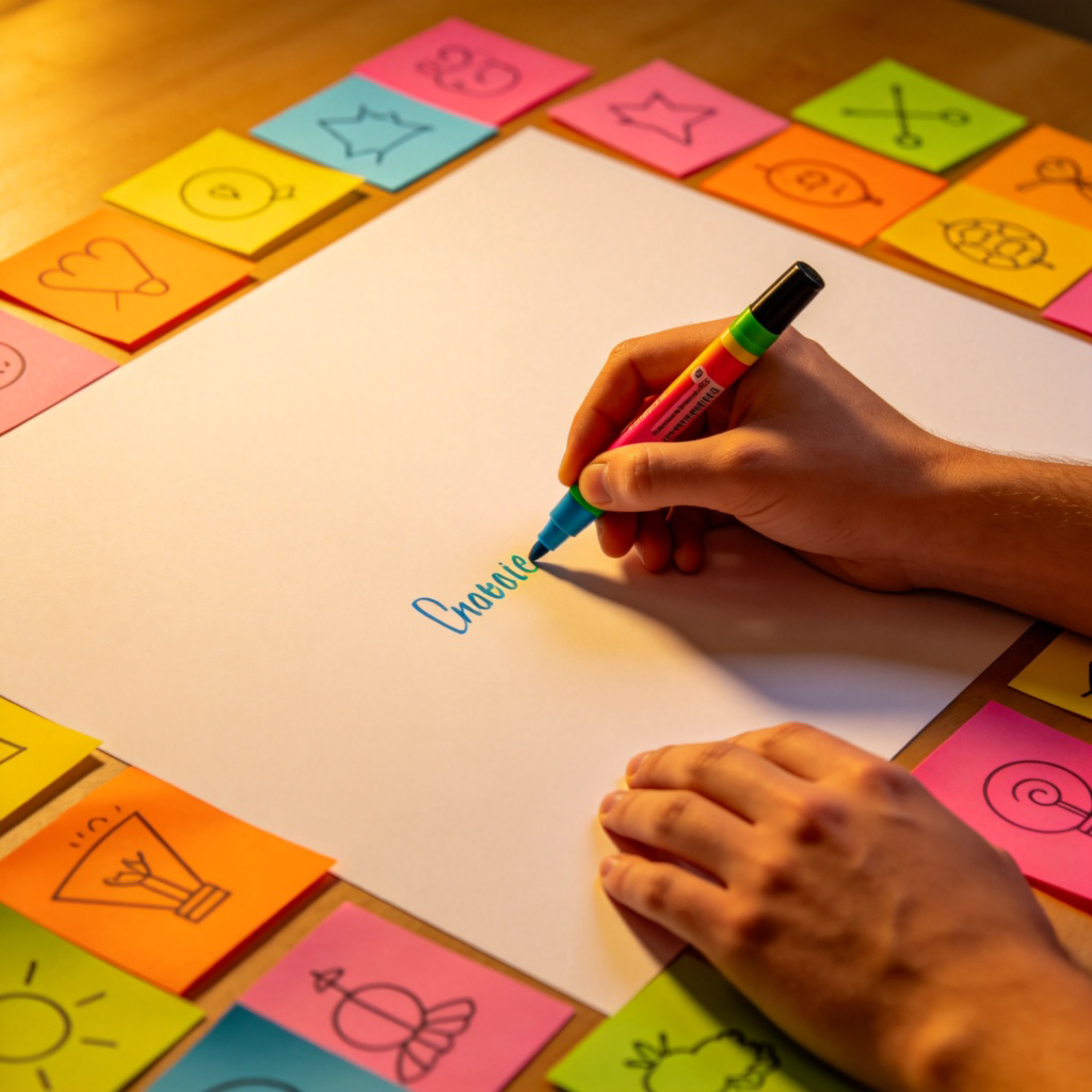 A close-up of a person's hands writing down creative ideas with a colorful marker on a large, clean sheet of paper or a whiteboard. Many bright-colored sticky notes with drawings and symbols are around. Warm, creative studio lighting. No text.