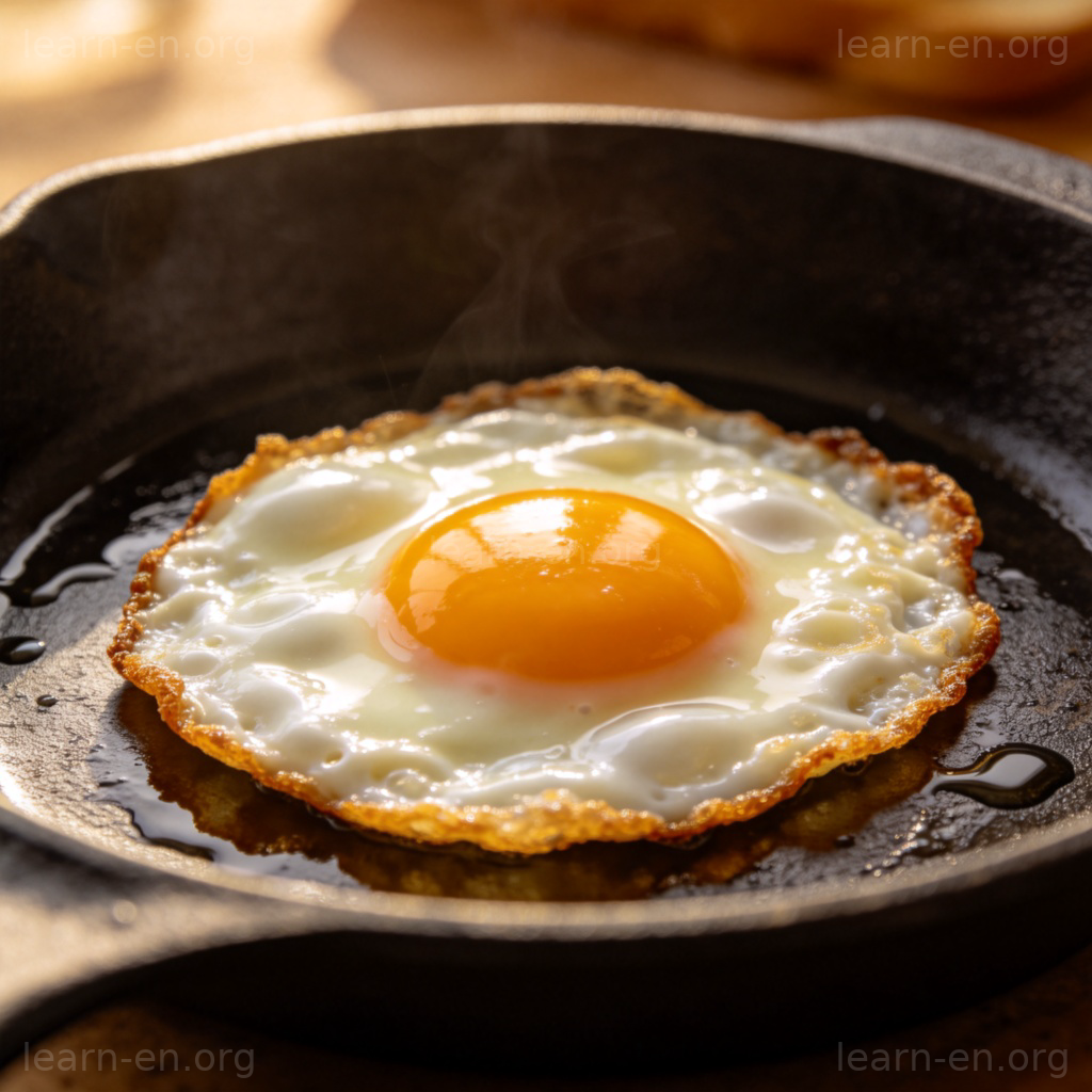 Fried Egg 煎蛋图解：平底锅中边缘金黄酥脆的完美煎蛋