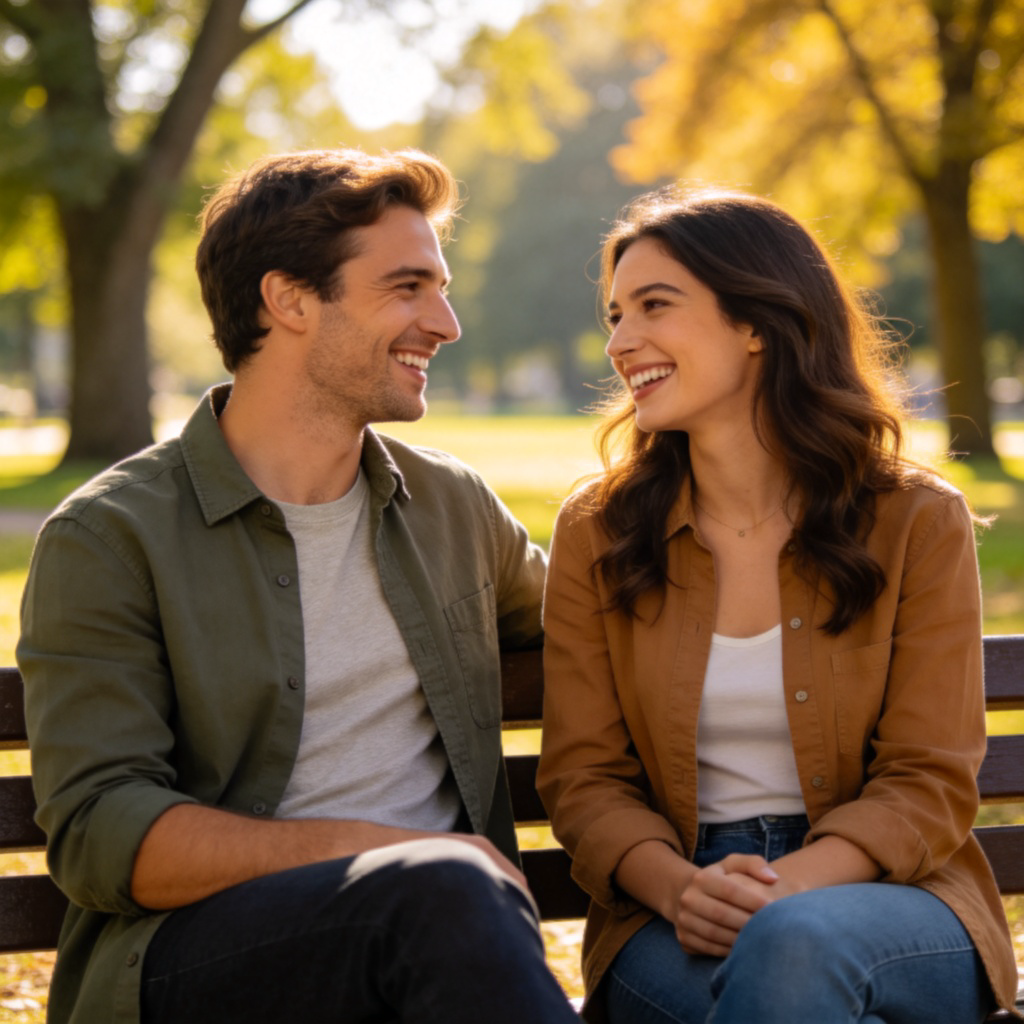 Two people, a man and a woman, sitting on a park bench, smiling and talking happily. They are dressed casually. The background is a sunny park with trees, slightly blurred to keep the focus on their friendly interaction. Photorealistic style, warm natural lighting.