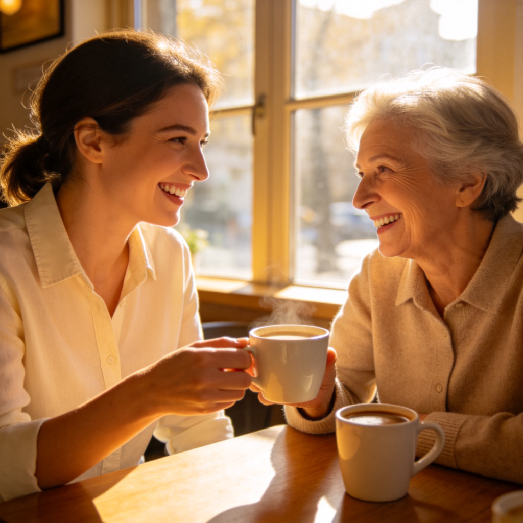 friendly 含义图解：两人在咖啡馆友好交谈的温馨场景