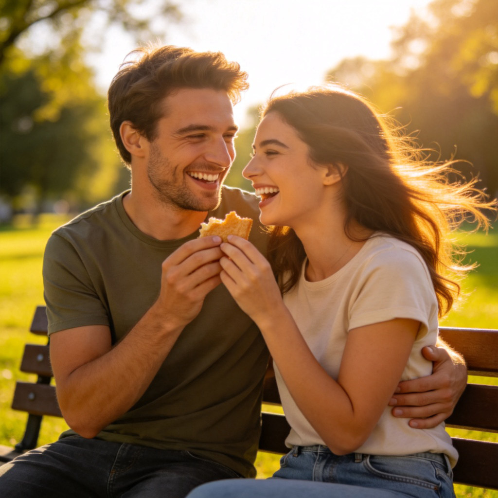 Two friends, a man and a woman, sitting on a park bench under a sunny sky, laughing together while sharing a snack. They are dressed casually, and one is gently patting the other's back in a warm gesture. The scene focuses on their happy faces and the closeness between them, with a blurred green background to emphasize the bond. No text, clear and realistic style.