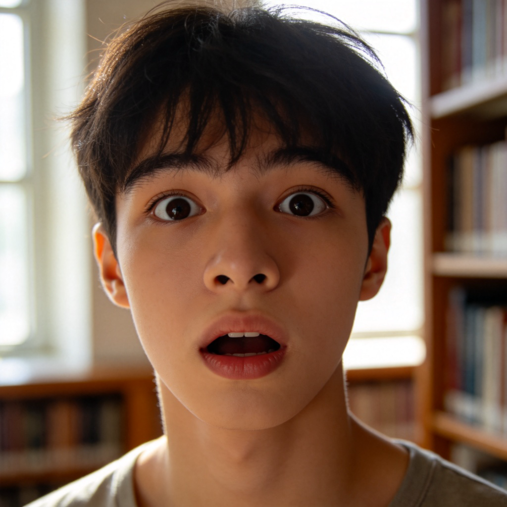 A close-up of a young person's face with a startled expression, eyes wide and mouth slightly open, as if they just heard a loud, unexpected sound in a quiet library. Soft natural light from a window, clean and simple background. No text or logos in the image.