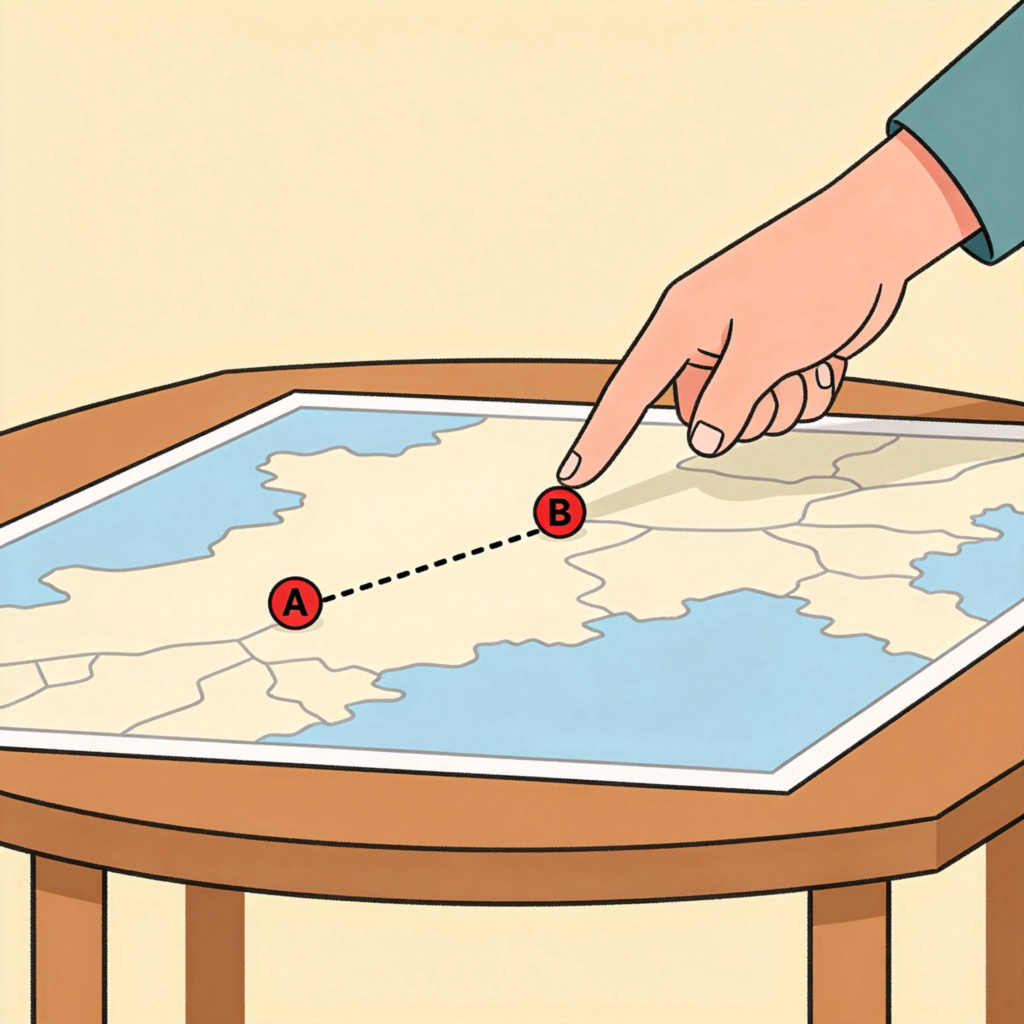A simple illustrated map on a table. A person's finger is pointing at a red dot labeled 'A' (representing 'from'), and a dotted line leads to another red dot labeled 'B'. The background is plain and uncluttered. No text besides the 'A' and 'B' labels.