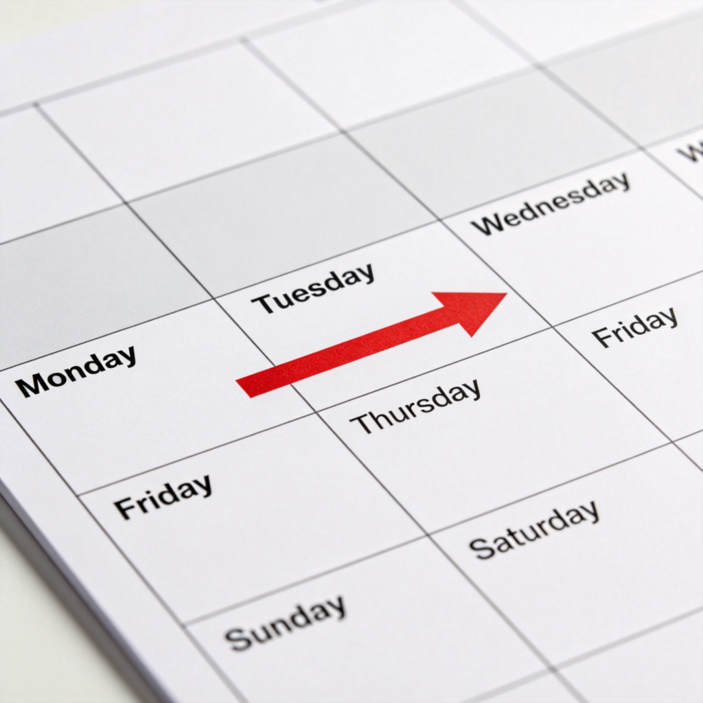 A close-up of a simple weekly calendar. A bright red arrow starts from the box labeled 'Monday' and points forward across the week. The lighting is clear and the focus is solely on the calendar and the directional arrow. No other text.