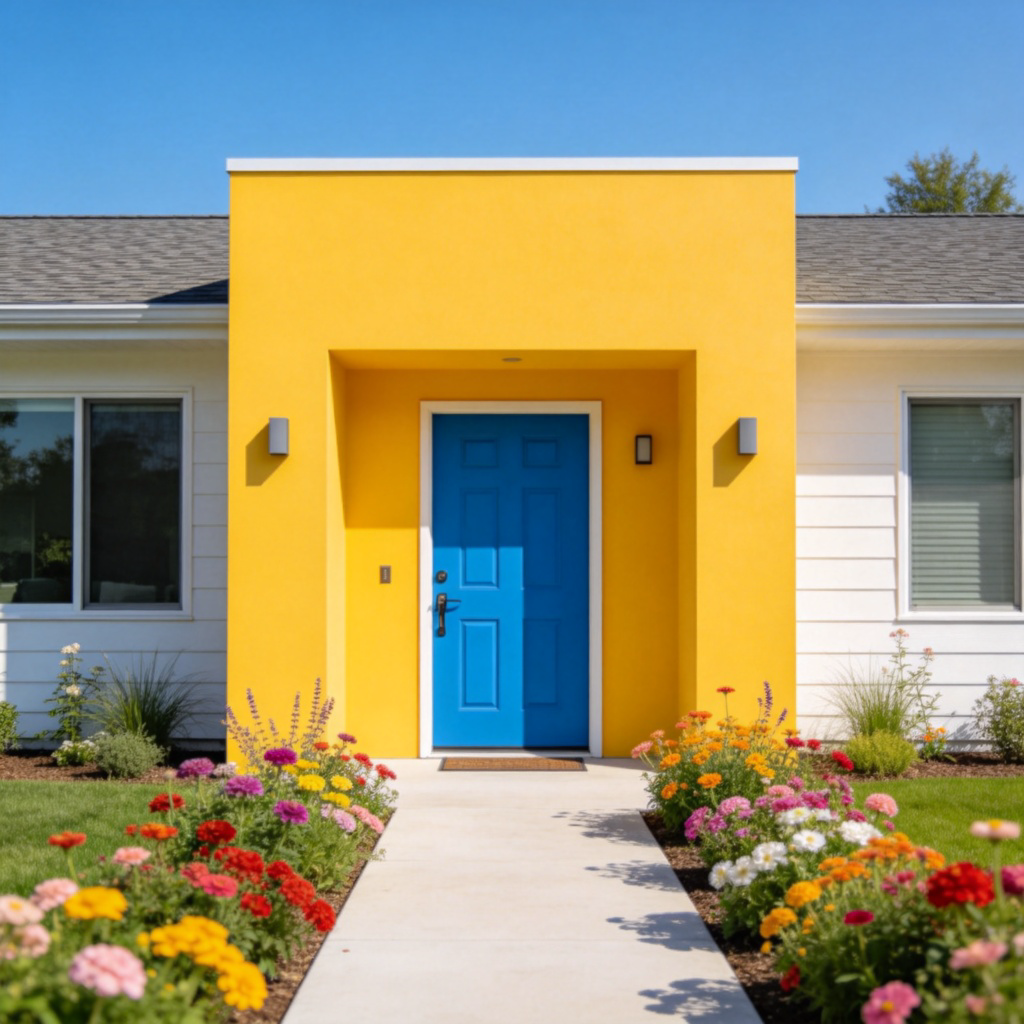 A clean, modern house with a bright yellow front wall and a blue front door. A small garden with flowers is in front of it. Sunny day, sharp focus on the front of the house. No people, no text.