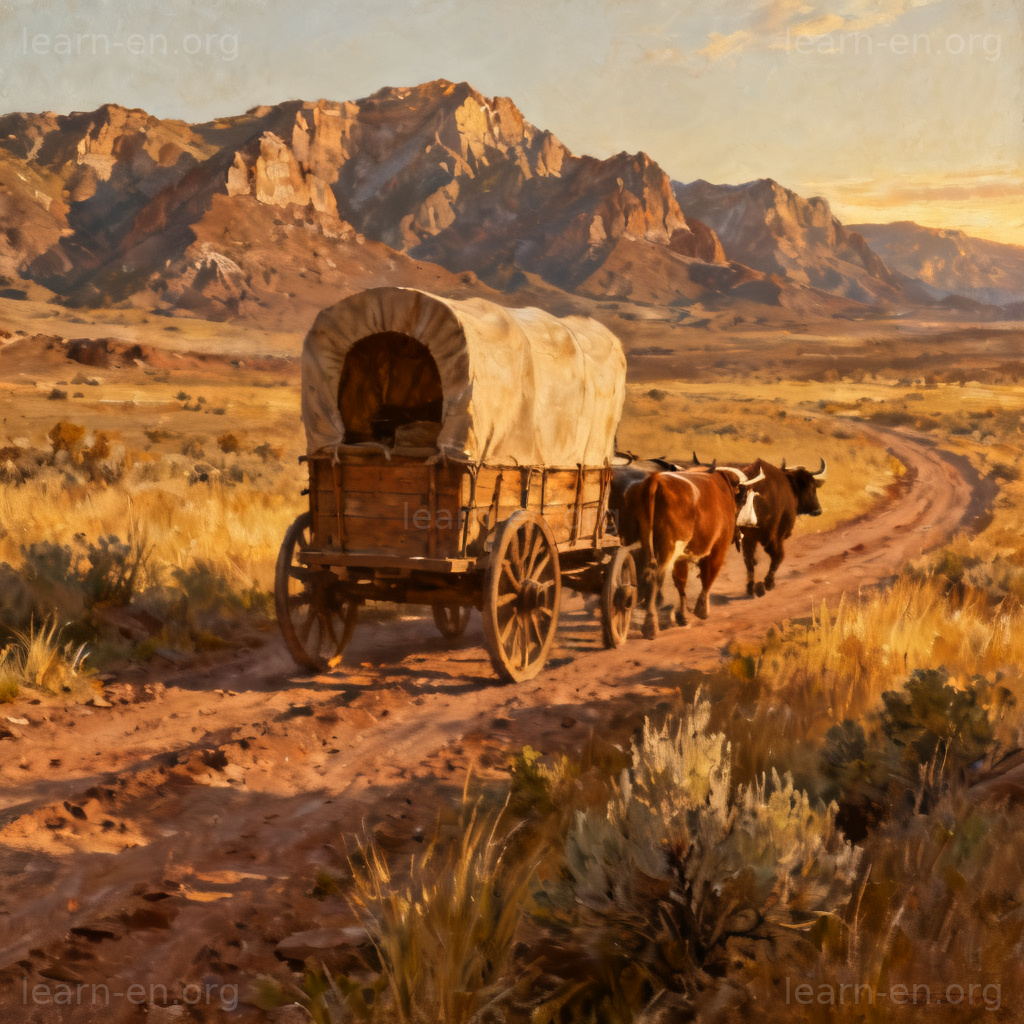 Frontier wild boundary: covered wagon on dirt road near mountains