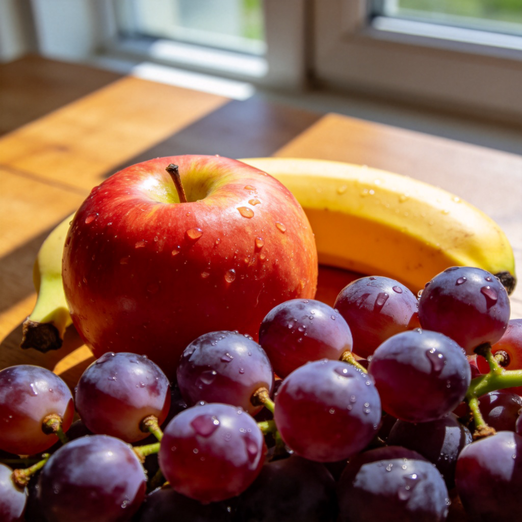 A vibrant, close-up photograph of a colorful assortment of fresh fruits on a wooden table. In the foreground, there is a bright red apple, a yellow banana, and a bunch of purple grapes. The fruits are glistening with water droplets, suggesting they are freshly washed. Natural sunlight from a window illuminates the scene, creating a healthy and appetizing atmosphere. No text or logos.